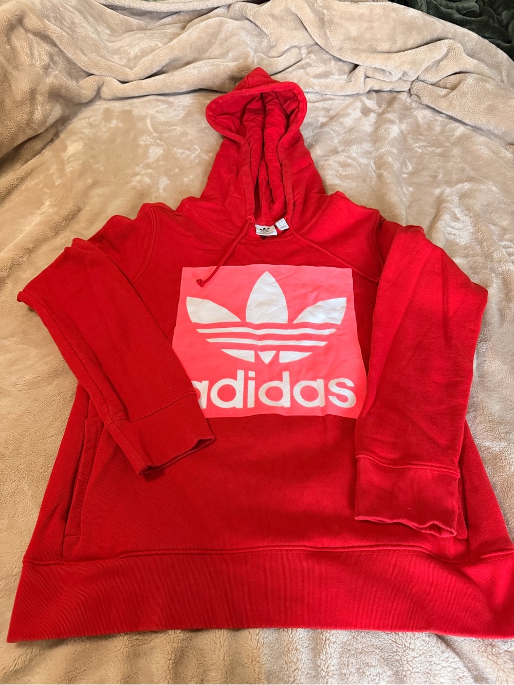 adidas Red Hoodie with Pink Accent and White Trefoil